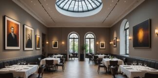 Anne-Sophie Pic s’installe à la Fondation Cartier : quand la gastronomie rencontre l’art contemporain à Paris Salle de restaurant gastronomique élégante mêlant architecture contemporaine et art, ambiance parisienne raffinée