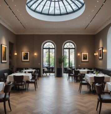 Anne-Sophie Pic s’installe à la Fondation Cartier : quand la gastronomie rencontre l’art contemporain à Paris Salle de restaurant gastronomique élégante mêlant architecture contemporaine et art, ambiance parisienne raffinée