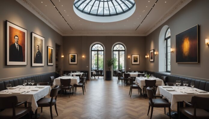 Salle de restaurant gastronomique élégante mêlant architecture contemporaine et art, ambiance parisienne raffinée