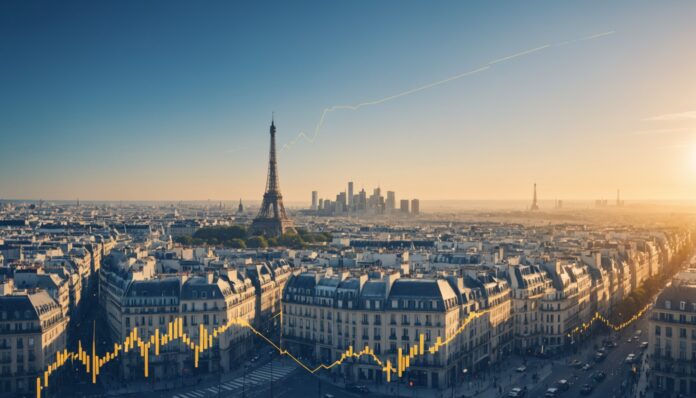 Illustration éditoriale de l'économie française avec courbe de croissance et silhouette de Paris