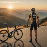 Cycliste professionnel regardant au loin sur une route de montagne au coucher du soleil, symbole de fin de carrière