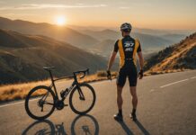 Julian Alaphilippe : la retraite d’un champion du monde de cyclisme Cycliste professionnel regardant au loin sur une route de montagne au coucher du soleil, symbole de fin de carrière