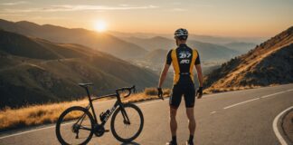 Julian Alaphilippe : la retraite d’un champion du monde de cyclisme Cycliste professionnel regardant au loin sur une route de montagne au coucher du soleil, symbole de fin de carrière