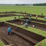 Site de fouille archéologique en plein champ avec fossés et enclos visibles dans le sol