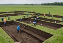 Ruyaulcourt : 800 vestiges archéologiques mis au jour sur le tracé du canal Seine-Nord Europe Site de fouille archéologique en plein champ avec fossés et enclos visibles dans le sol
