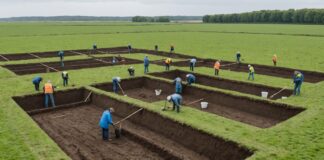 Ruyaulcourt : 800 vestiges archéologiques mis au jour sur le tracé du canal Seine-Nord Europe Site de fouille archéologique en plein champ avec fossés et enclos visibles dans le sol