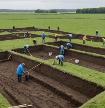 Ruyaulcourt : 800 vestiges archéologiques mis au jour sur le tracé du canal Seine-Nord Europe Site de fouille archéologique en plein champ avec fossés et enclos visibles dans le sol