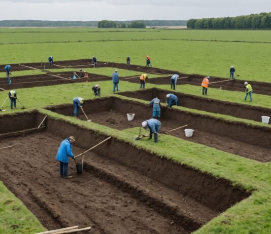 Ruyaulcourt : 800 vestiges archéologiques mis au jour sur le tracé du canal Seine-Nord Europe Site de fouille archéologique en plein champ avec fossés et enclos visibles dans le sol