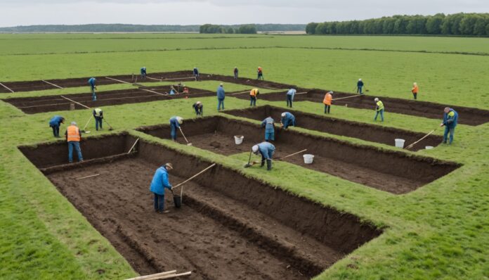 Site de fouille archéologique en plein champ avec fossés et enclos visibles dans le sol