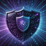 Illustration abstraite d'un réseau de neurones IA entouré de symboles de cybersécurité