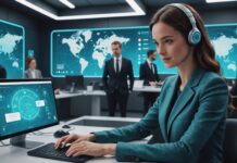 Agent IA et service client : la France accélère, mais reste exigeante Illustration d'un agent IA assistant les services publics et le service client en France