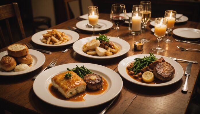 Scène de bistrot français avec plat traditionnel, illustrant la crise et le renouveau de la restauration en France