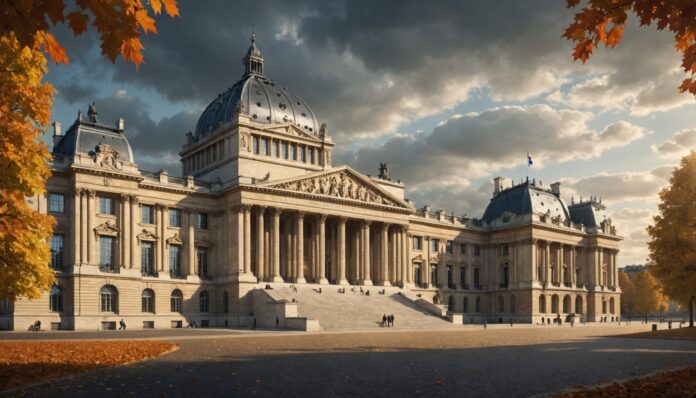 Façade de l'Assemblée nationale à Paris sous un ciel d'automne