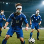 Cécifoot : les Bleus conservent leur titre de champions d’Europe face à l’Angleterre Joueurs de cécifoot avec masque occultant en action lors d'un match international