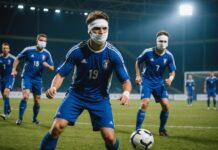 Cécifoot : les Bleus conservent leur titre de champions d’Europe face à l’Angleterre Joueurs de cécifoot avec masque occultant en action lors d'un match international