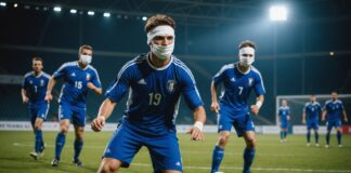 Cécifoot : les Bleus conservent leur titre de champions d’Europe face à l’Angleterre Joueurs de cécifoot avec masque occultant en action lors d'un match international