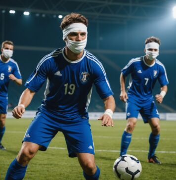 Cécifoot : les Bleus conservent leur titre de champions d’Europe face à l’Angleterre Joueurs de cécifoot avec masque occultant en action lors d'un match international