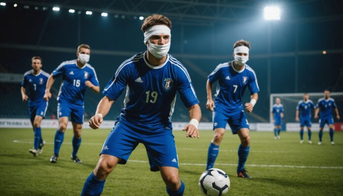 Joueurs de cécifoot avec masque occultant en action lors d'un match international