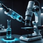 Illustration d'un agent IA pilotant un bras robotique et des instruments de laboratoire connectés