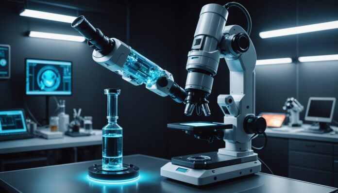 Illustration d'un agent IA pilotant un bras robotique et des instruments de laboratoire connectés
