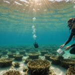 Scène de recherche sous-marine dans un lagon méditerranéen avec capteurs et herbiers