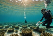 Étang de Thau : la Méditerranée qui chauffe met la biodiversité marine à l’épreuve Scène de recherche sous-marine dans un lagon méditerranéen avec capteurs et herbiers