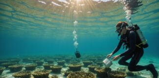 Étang de Thau : la Méditerranée qui chauffe met la biodiversité marine à l’épreuve Scène de recherche sous-marine dans un lagon méditerranéen avec capteurs et herbiers