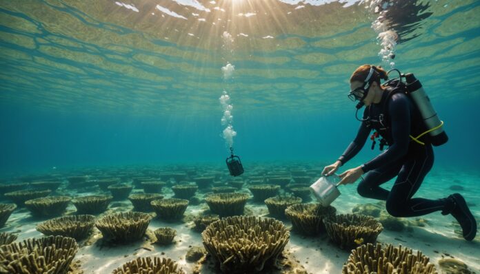 Scène de recherche sous-marine dans un lagon méditerranéen avec capteurs et herbiers
