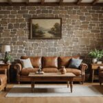 Tendance déco : pourquoi le mobilier ancien et les matières brutes s’imposent cette rentrée Salon chaleureux avec mobilier ancien, pierre brute et bois clair