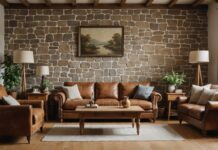 Tendance déco : pourquoi le mobilier ancien et les matières brutes s’imposent cette rentrée Salon chaleureux avec mobilier ancien, pierre brute et bois clair