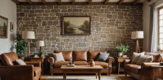 Tendance déco : pourquoi le mobilier ancien et les matières brutes s’imposent cette rentrée Salon chaleureux avec mobilier ancien, pierre brute et bois clair