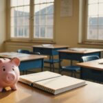 Classe de collège vide à la rentrée avec cahiers et tirelire symbolisant l'éducation financière