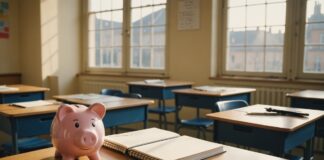 Rentrée scolaire : les nouveautés qui passent sous le radar derrière l’interdiction du portable Classe de collège vide à la rentrée avec cahiers et tirelire symbolisant l'éducation financière