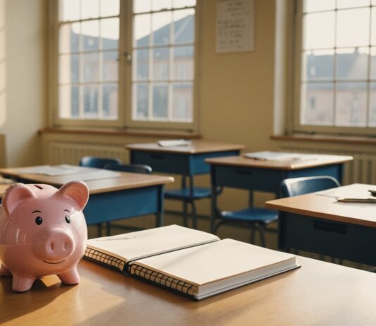 Rentrée scolaire : les nouveautés qui passent sous le radar derrière l’interdiction du portable Classe de collège vide à la rentrée avec cahiers et tirelire symbolisant l'éducation financière