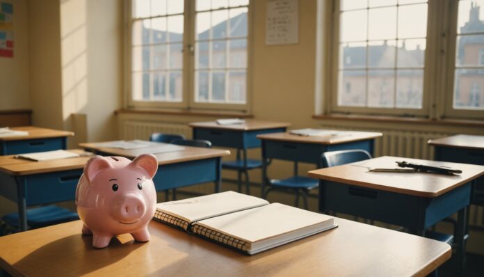Classe de collège vide à la rentrée avec cahiers et tirelire symbolisant l'éducation financière