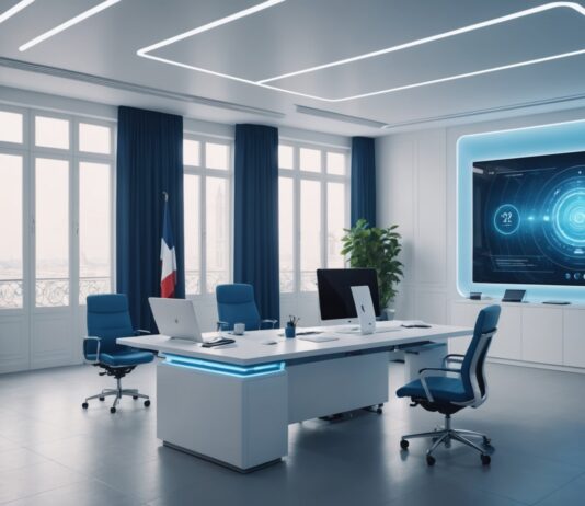 Un assistant IA souverain s’installe au cœur des services publics français Illustration d'un bureau administratif moderne avec interface IA holographique, symbole du service public numérique