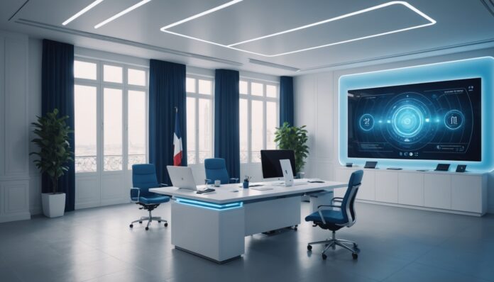 Illustration d'un bureau administratif moderne avec interface IA holographique, symbole du service public numérique