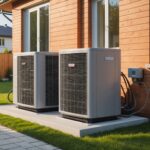 Technicien vérifiant une pompe à chaleur lors d'une rénovation énergétique de maison