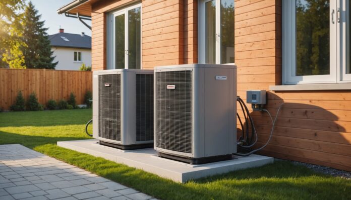 Technicien vérifiant une pompe à chaleur lors d'une rénovation énergétique de maison