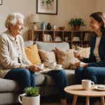 Senior et jeune actif partageant un moment convivial dans un salon lumineux, symbole de la cohabitation intergénérationnelle
