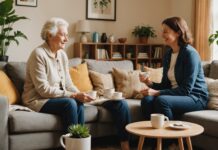 Cohabitation intergénérationnelle : un mode de vie qui progresse vite en France Senior et jeune actif partageant un moment convivial dans un salon lumineux, symbole de la cohabitation intergénérationnelle