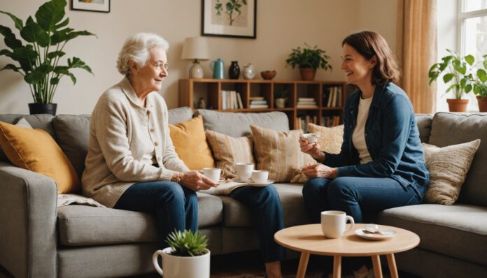 Senior et jeune actif partageant un moment convivial dans un salon lumineux, symbole de la cohabitation intergénérationnelle