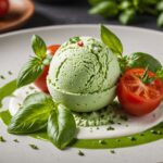 Glace salée gourmet à la tomate et au basilic, présentation gastronomique