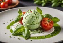 Glace salée : la tendance qui bouscule nos desserts sucrés Glace salée gourmet à la tomate et au basilic, présentation gastronomique
