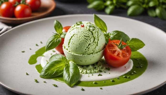 Glace salée gourmet à la tomate et au basilic, présentation gastronomique