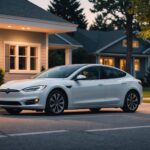 Voiture électrique branchée sur une borne de recharge à domicile le soir