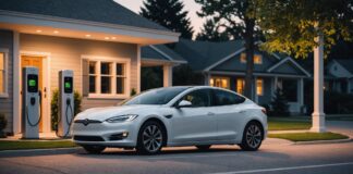 Voiture électrique ou essence : un écart de budget qui redistribue les cartes Voiture électrique branchée sur une borne de recharge à domicile le soir