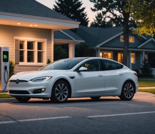 Voiture électrique ou essence : un écart de budget qui redistribue les cartes Voiture électrique branchée sur une borne de recharge à domicile le soir