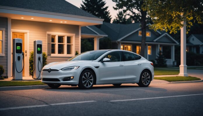 Voiture électrique branchée sur une borne de recharge à domicile le soir
