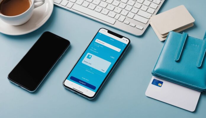 Smartphone affichant un assistant IA de shopping à côté d'une carte bancaire et de sacs d'achats